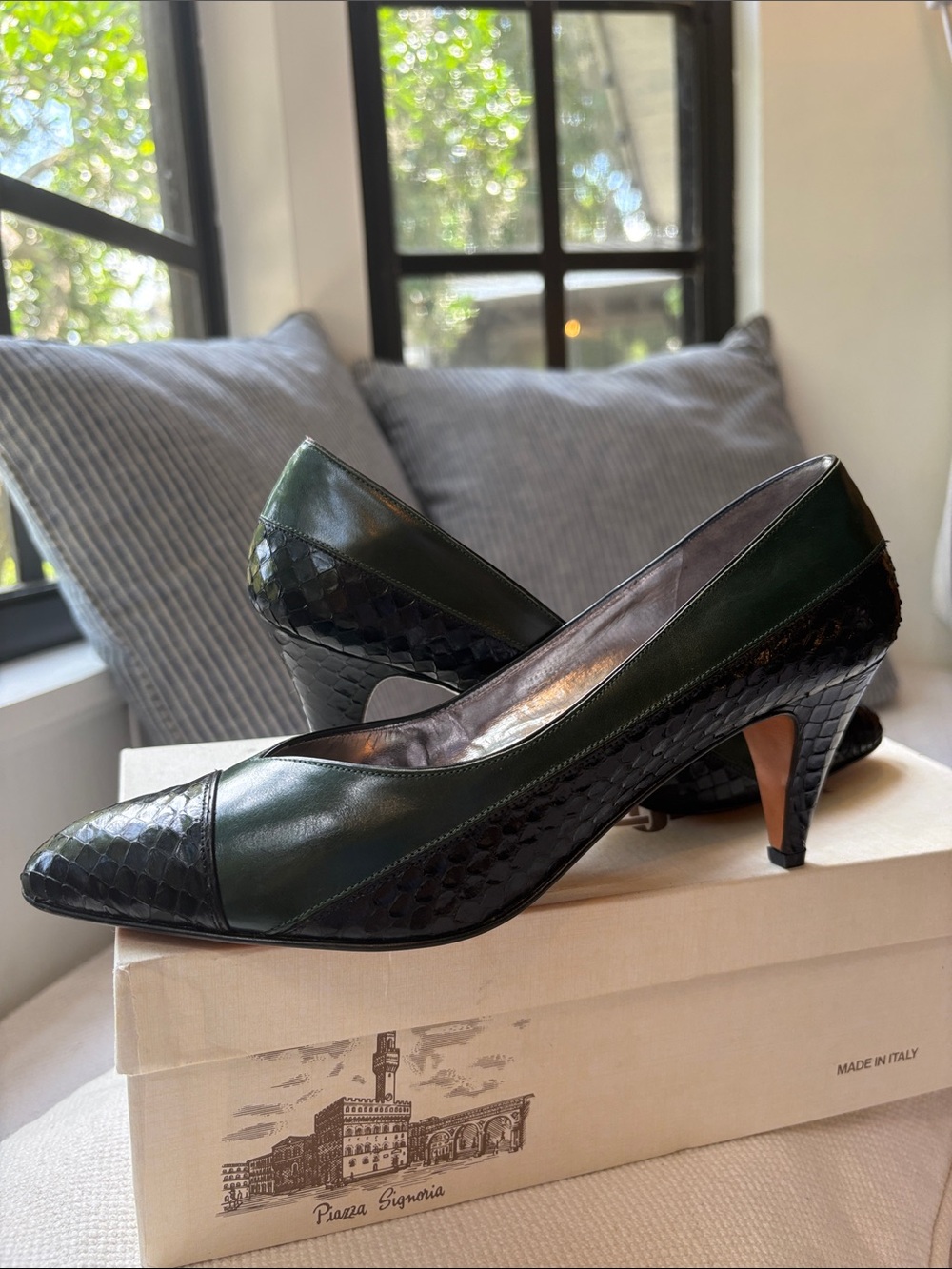 Vintage Rangoni Heels Dark Green Tuscan Calfskin Black Snake Italian Leather 6.5